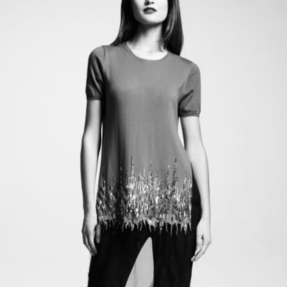 Wes Gordon Embroidered Tulle-Trim Knit Top